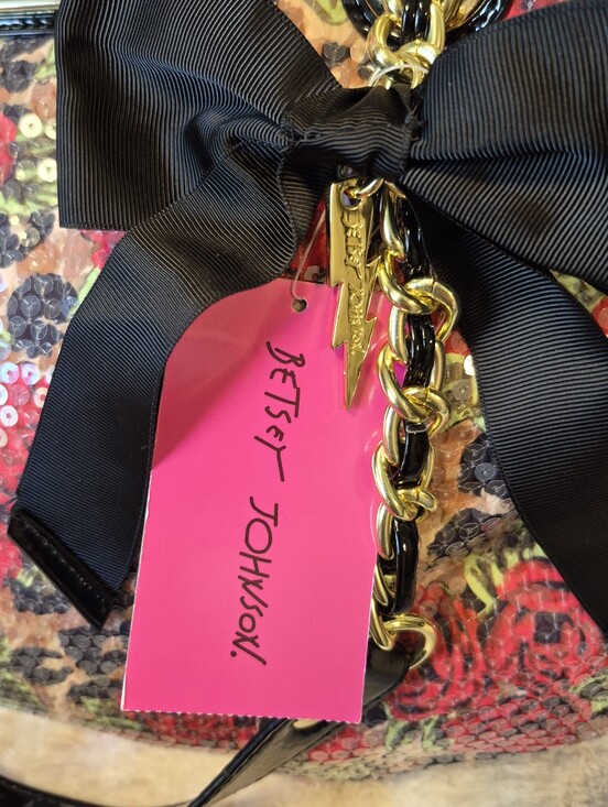 Betsey Johnson Sequined Pleated Tote Black Floral Hobo Handbag Purse Colorful main image 2